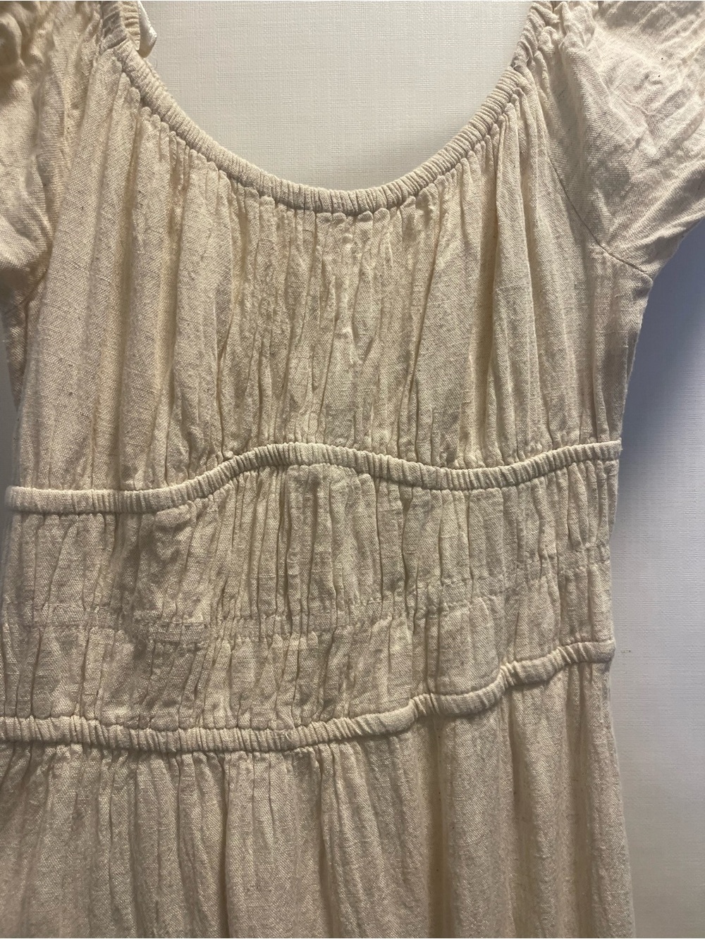 Natural Cream and Tiered Scoop-Neck Midi Dress with puffy sleeves